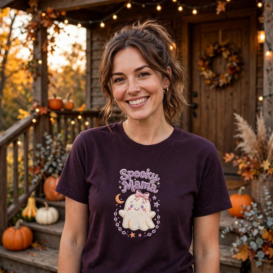 Spooky Mama shirt with a smiling ghost design