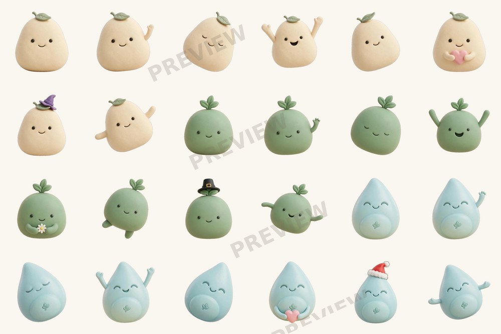 Pebble and Friends clipart pack preview sheet