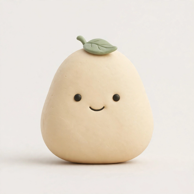 Pebble, a cream clay pebble character with a sage leaf on his head