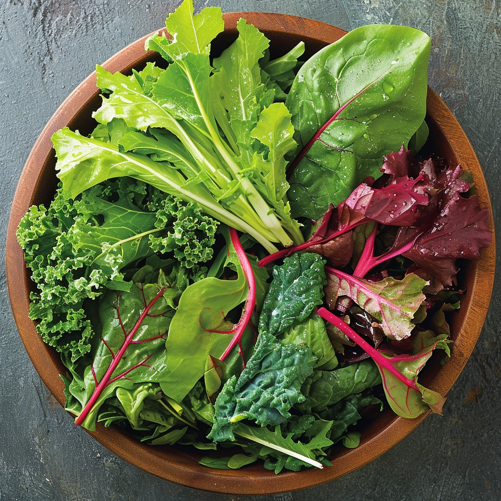 A wooden bowl heaped with fresh leafy greens