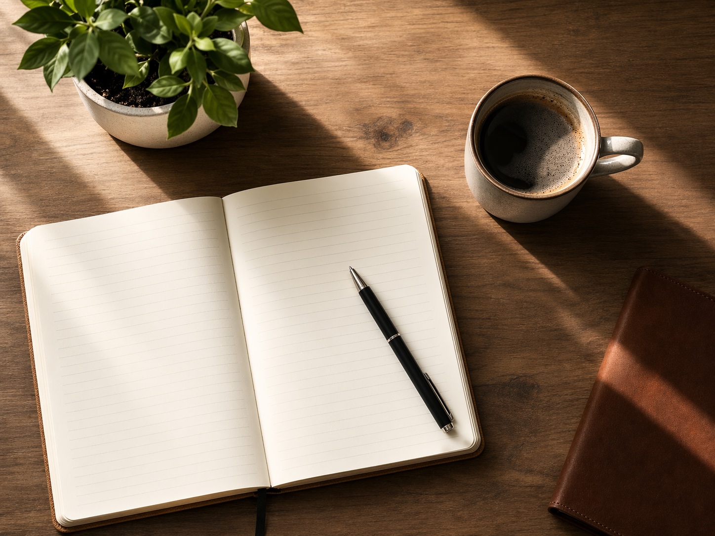 A calm desk with an open planner, notebook, and a warm drink