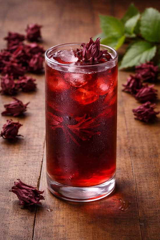 A glass of deep red hibiscus iced tea with hibiscus flowers