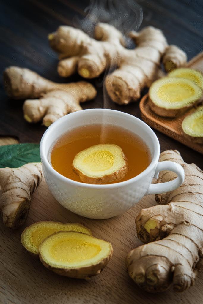 Fresh ginger root beside a steaming cup of ginger tea